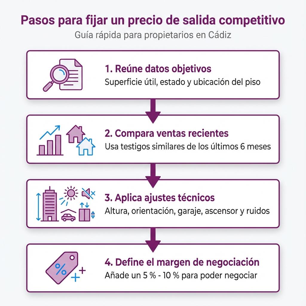 Diagrama con los pasos principales para calcular un precio de salida competitivo de una vivienda en Cádiz.