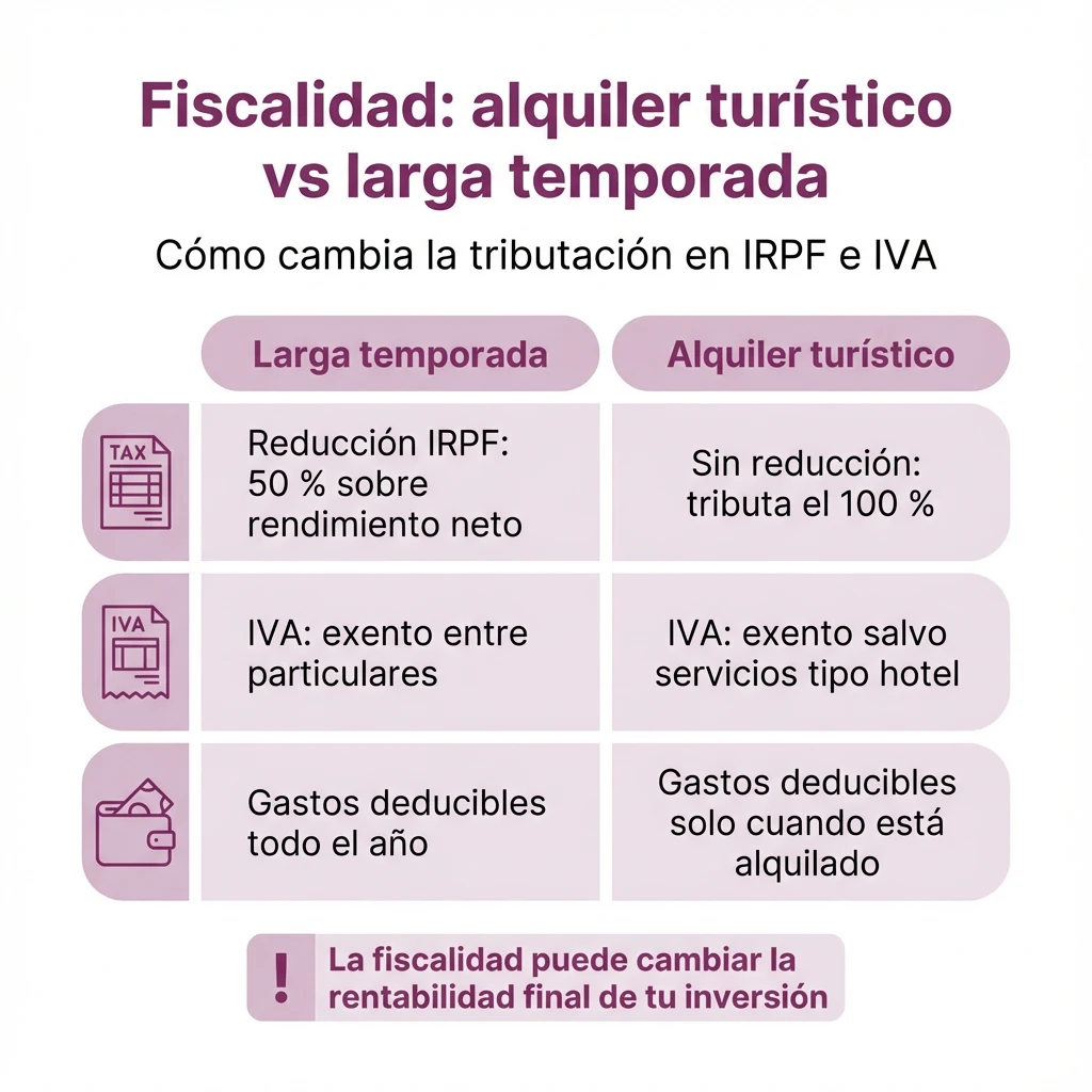 Infografía fiscal que compara el tratamiento en IRPF e IVA y los gastos deducibles del alquiler turístico y de larga temporada.