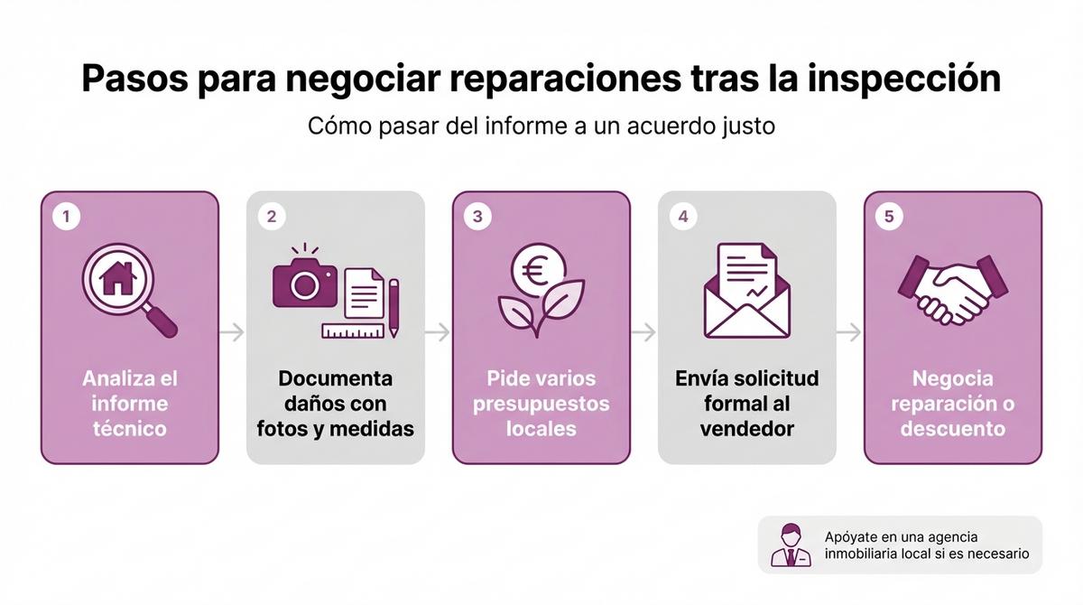 Diagrama de pasos para negociar reparaciones tras la inspección de una vivienda.