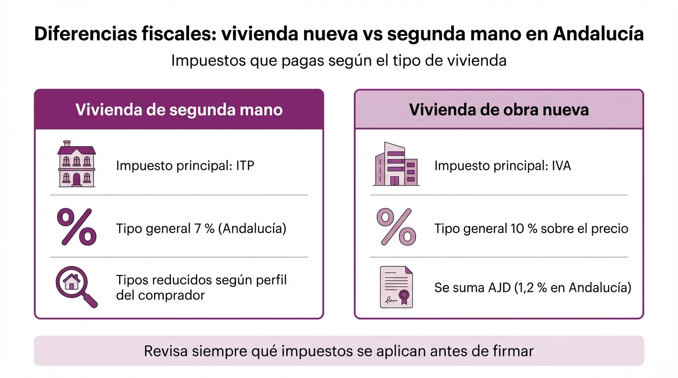 Infografía comparativa de los impuestos al comprar vivienda nueva y de segunda mano en Andalucía.