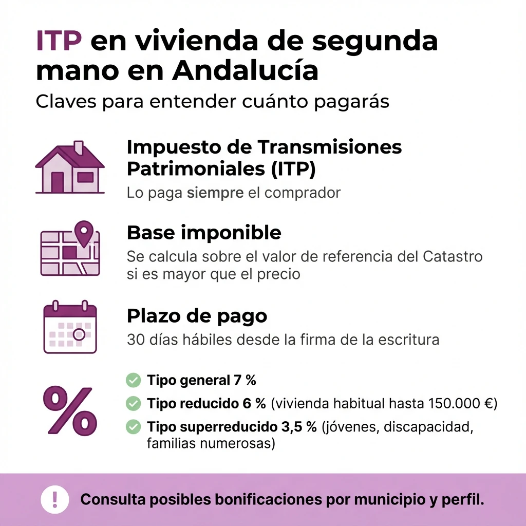 Infografía con las claves del Impuesto de Transmisiones Patrimoniales para vivienda de segunda mano en Andalucía.
