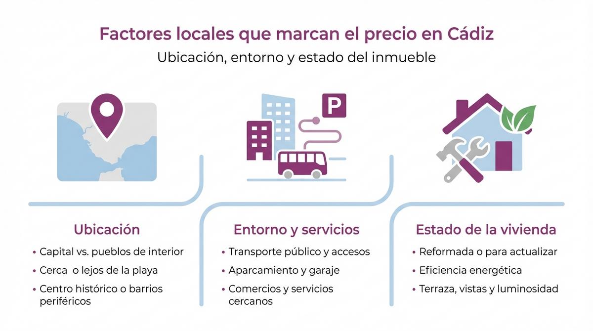 Infografía con los principales factores locales que influyen en el precio de una vivienda en Cádiz.