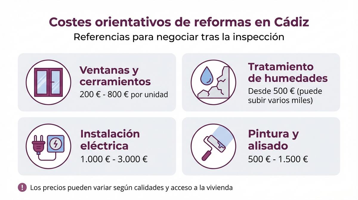 Infografía con rangos de precios orientativos de reformas habituales en viviendas de Cádiz.