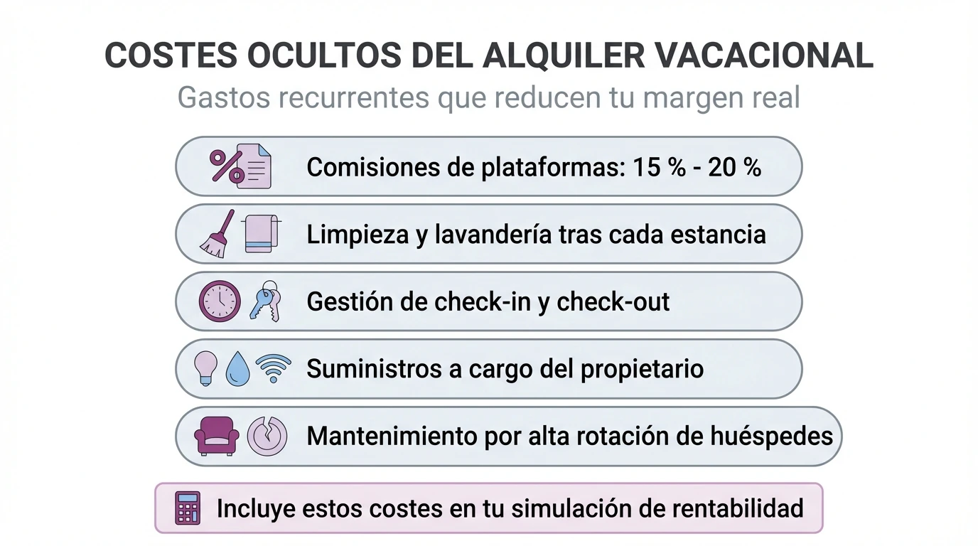Diagrama tipo checklist con los principales costes ocultos del alquiler vacacional como comisiones, limpieza, gestión y suministros.