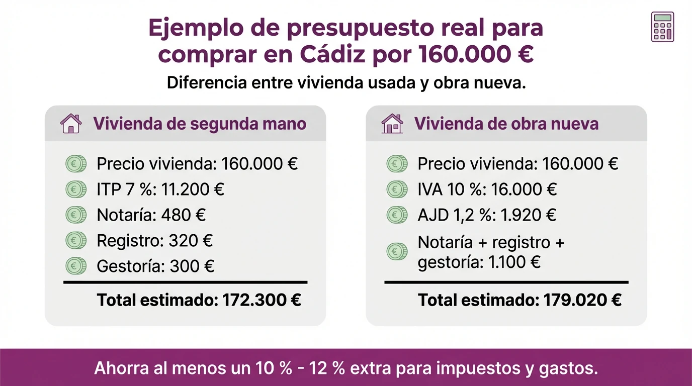 Infografía que compara el presupuesto final de comprar una vivienda usada y una de obra nueva en Cádiz por 160.000 euros.