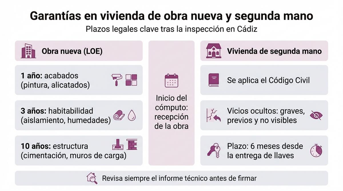 Infografía que compara las garantías legales de obra nueva y vivienda de segunda mano tras la inspección.