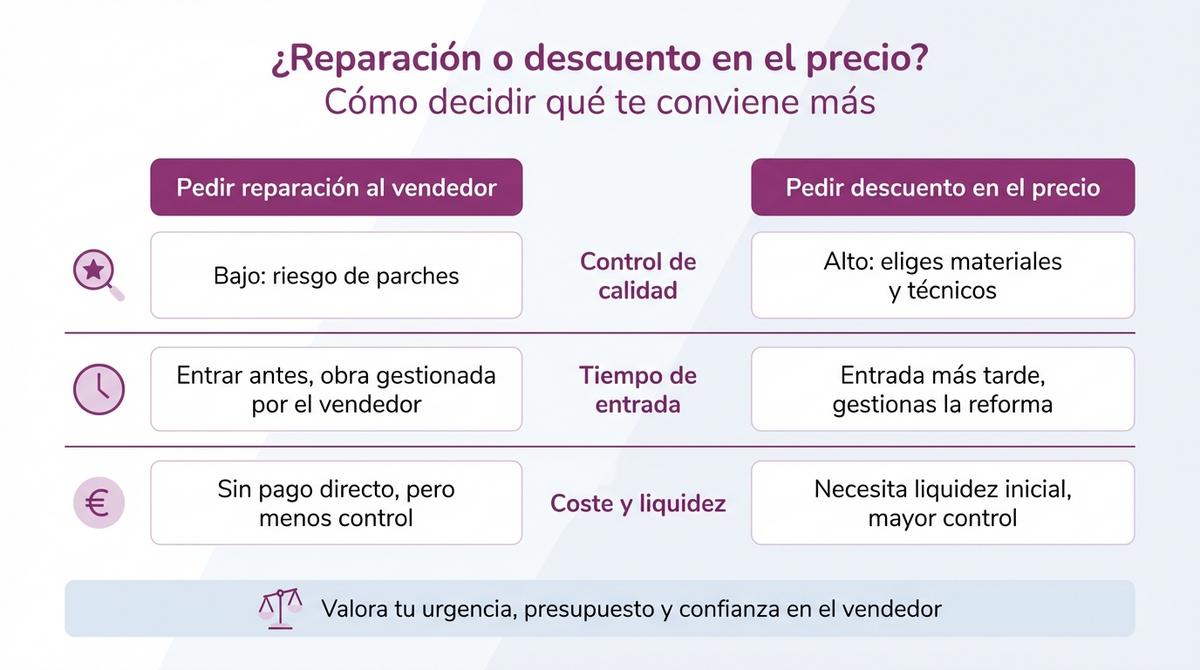 Infografía que compara pedir reparación al vendedor frente a pedir un descuento en el precio final.