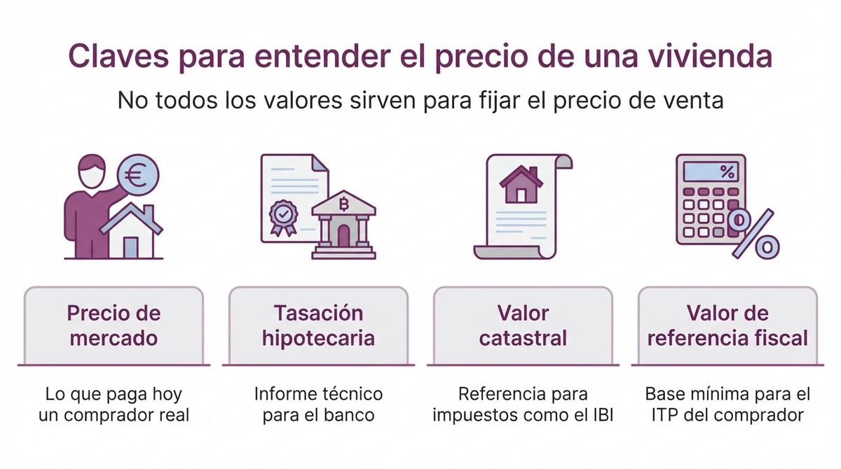 Infografía que compara precio de mercado, tasación hipotecaria, valor catastral y valor de referencia fiscal de una vivienda.