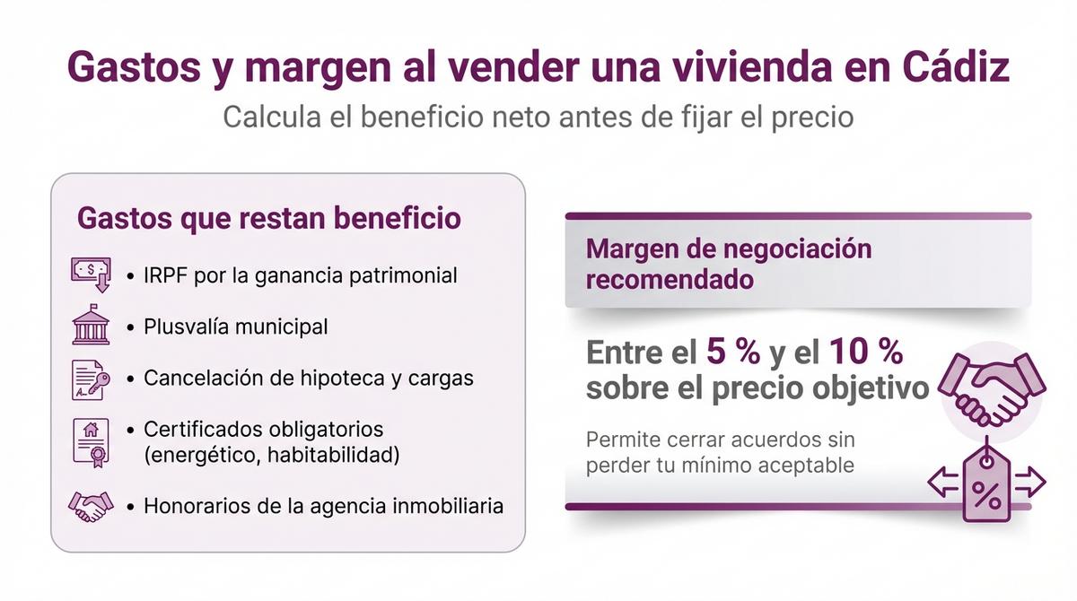 Infografía sobre los gastos al vender una vivienda en Cádiz y el margen habitual de negociación en el precio.