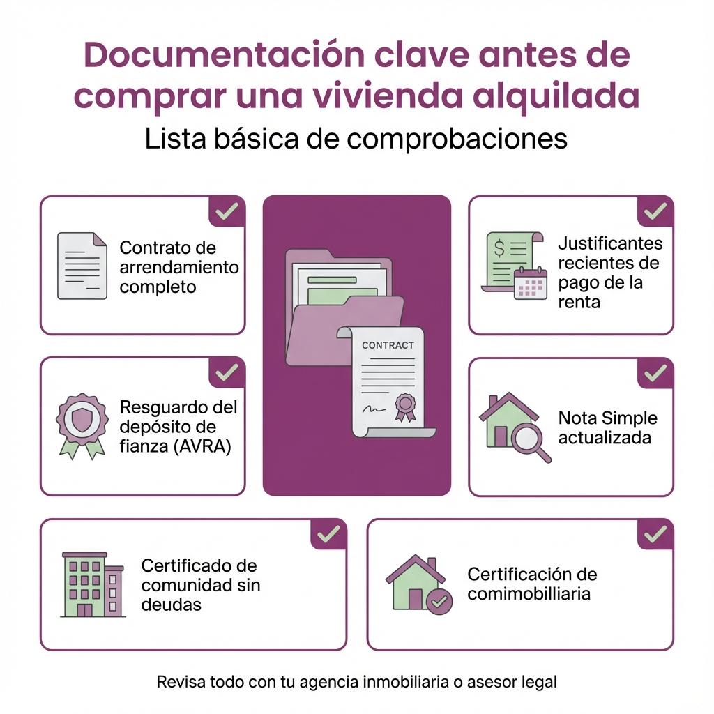 Checklist visual con la documentación imprescindible antes de comprar una vivienda con inquilino.