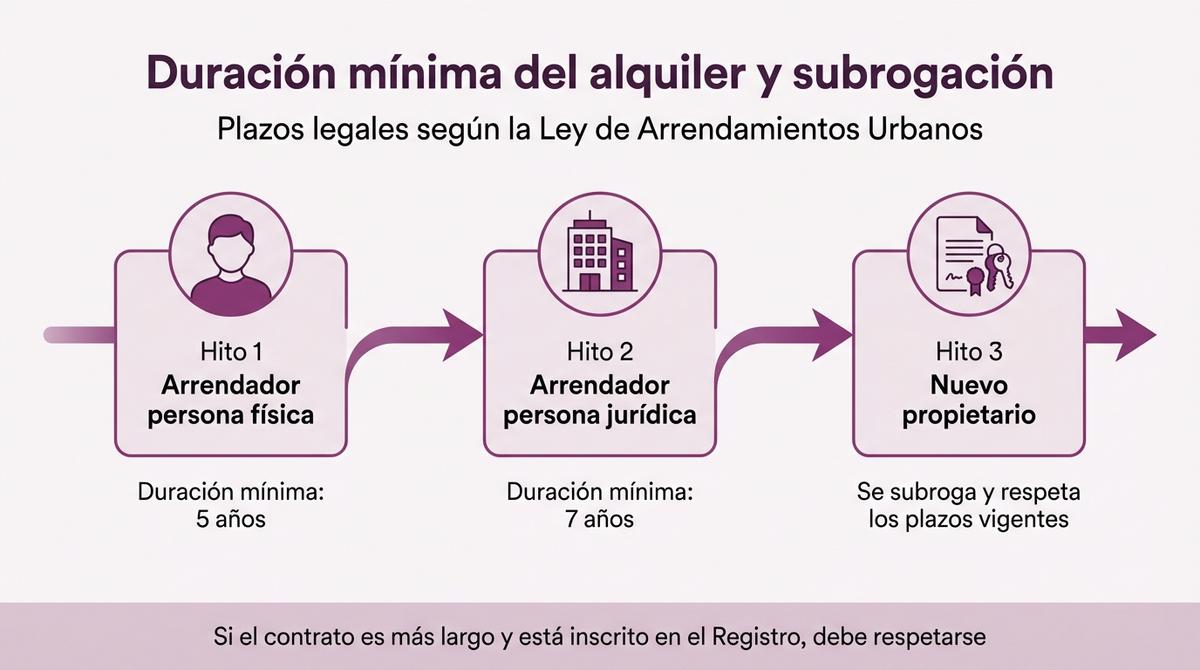 Diagrama en forma de línea de tiempo que muestra los plazos mínimos de alquiler y la subrogación del nuevo propietario.