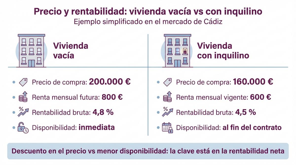 Infografía comparativa que muestra diferencias de precio, renta y rentabilidad entre vivienda vacía y vivienda con inquilino.