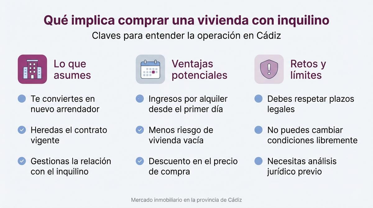 Infografía con columnas que resumen implicaciones, ventajas y retos de comprar una vivienda con inquilino en Cádiz.