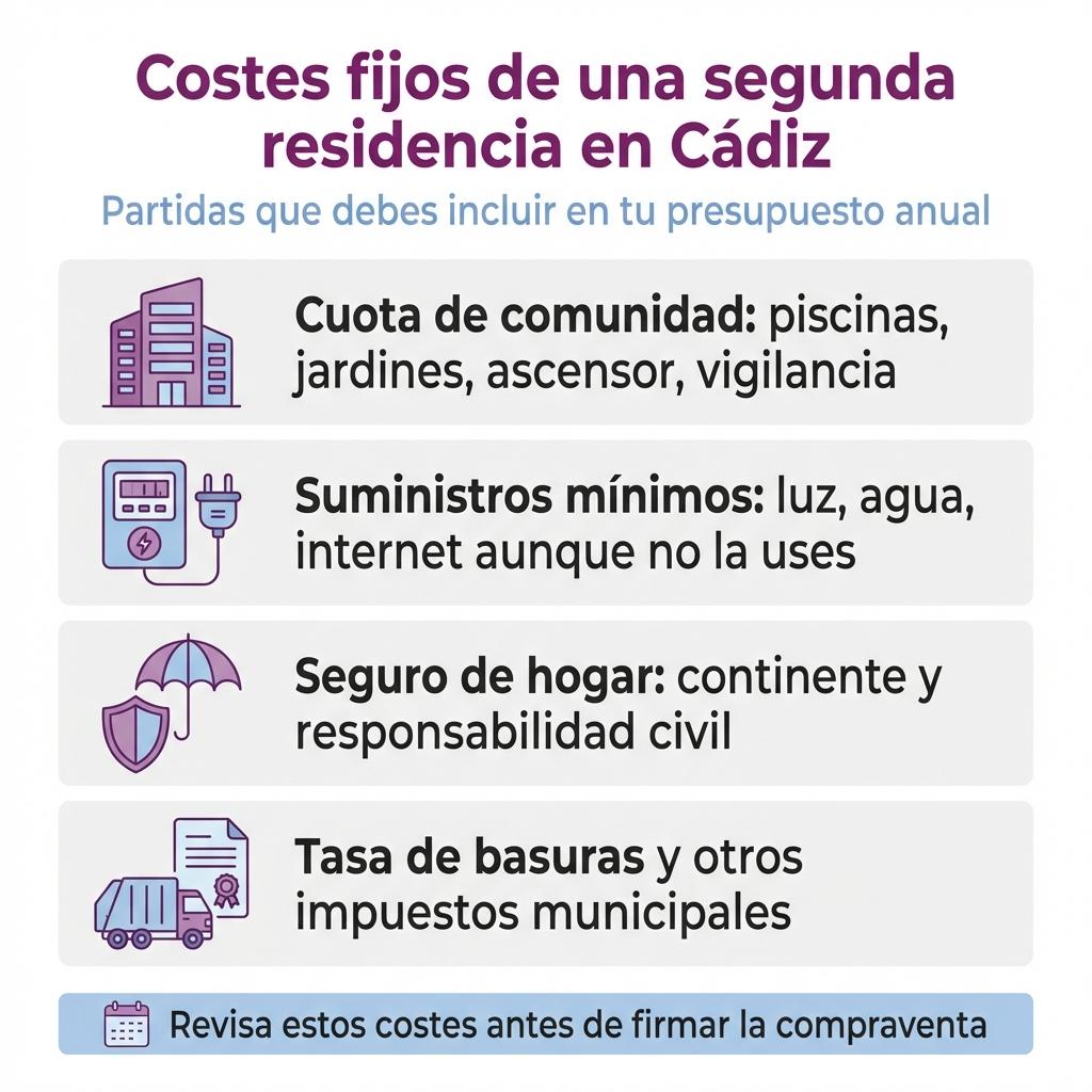 Infografía con los costes fijos principales de mantener una segunda residencia en Cádiz