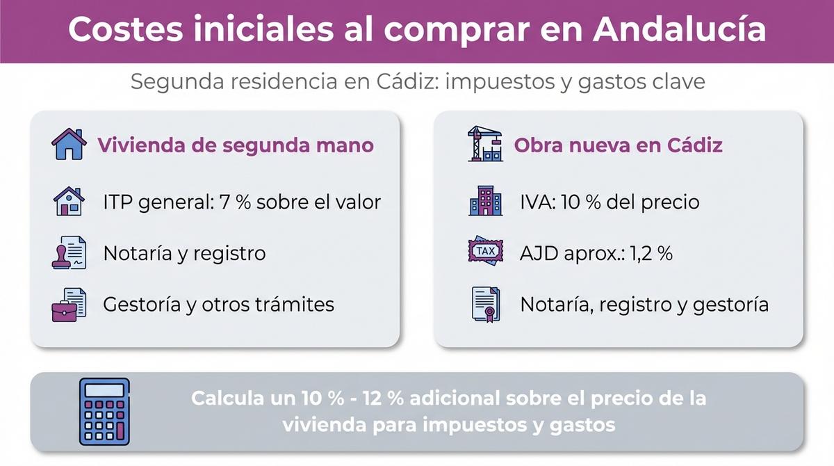 Infografía con los principales impuestos y gastos iniciales al comprar una segunda residencia en Cádiz