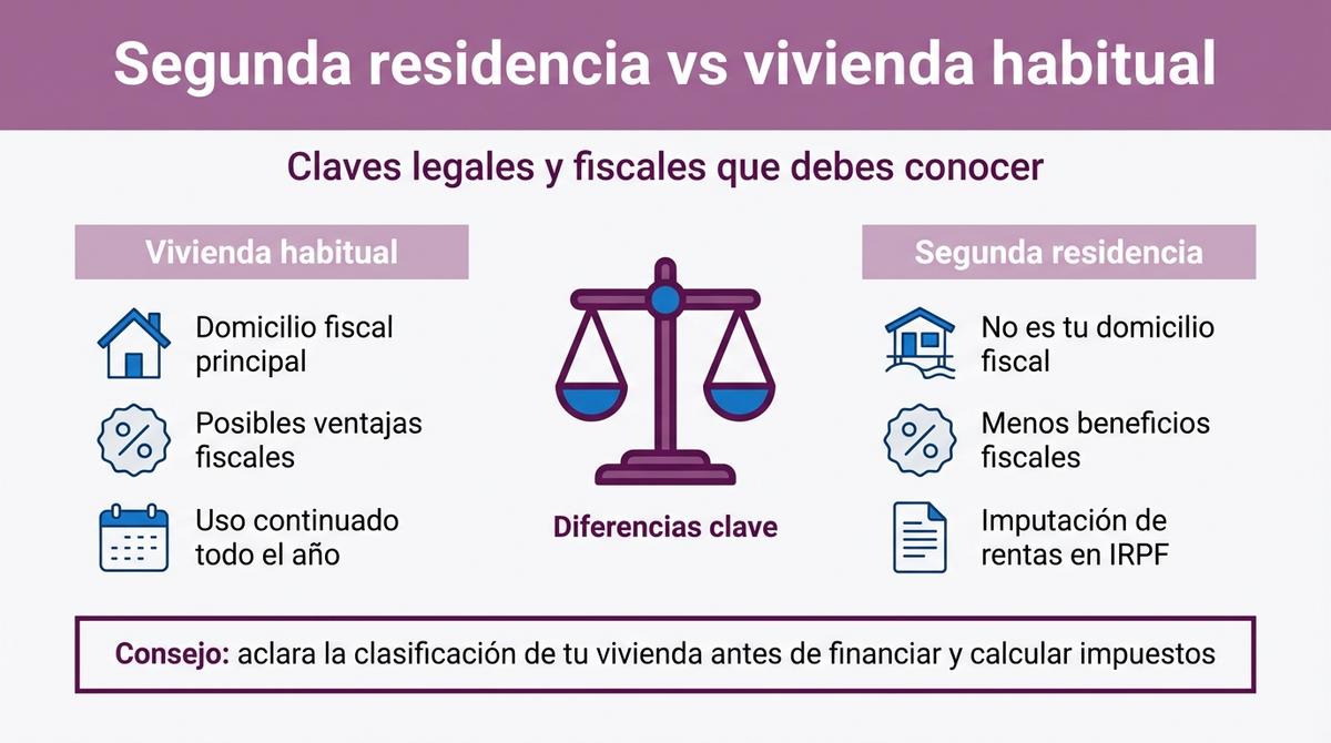 Infografía que compara los aspectos legales y fiscales de la vivienda habitual y la segunda residencia