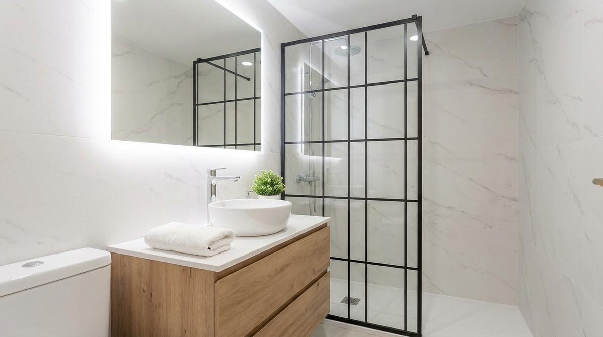 Baño pequeño reformado con mampara de vidrio y grifería moderna listo para la venta