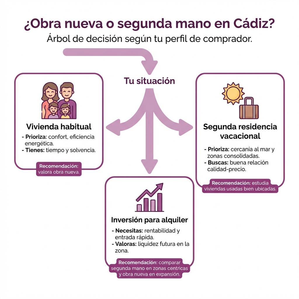 Diagrama de decisión que orienta entre elegir obra nueva o vivienda de segunda mano en Cádiz según el perfil del comprador.