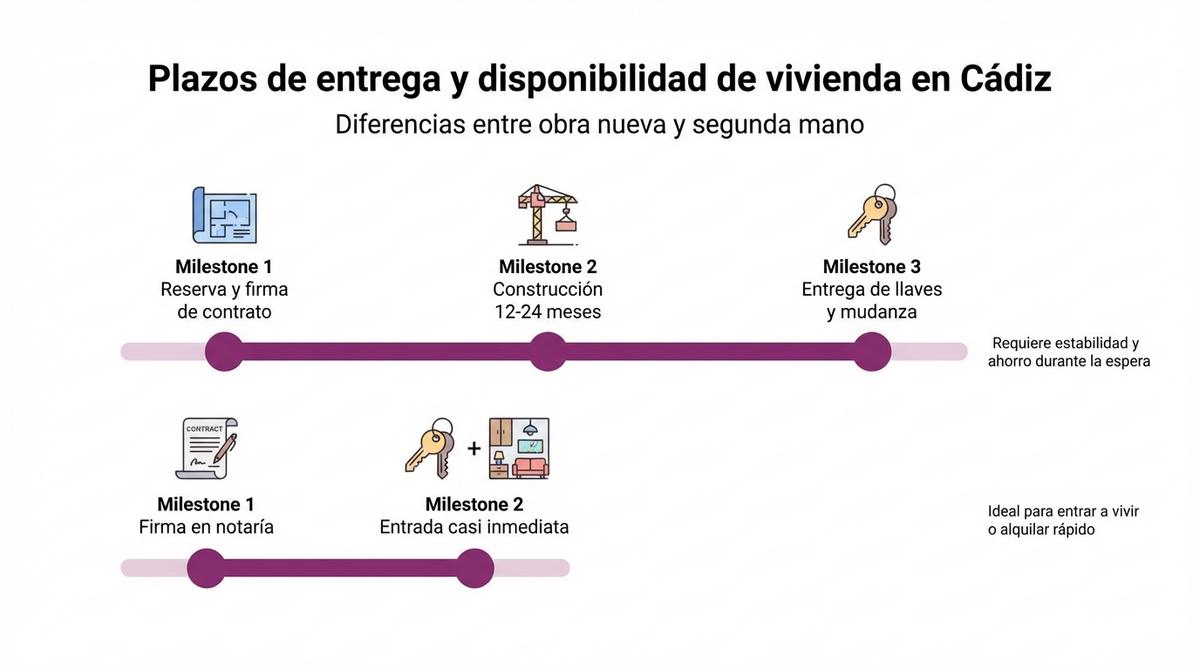 Diagrama de línea de tiempo que compara los plazos de entrega de obra nueva frente a la entrada inmediata en vivienda usada en Cádiz.