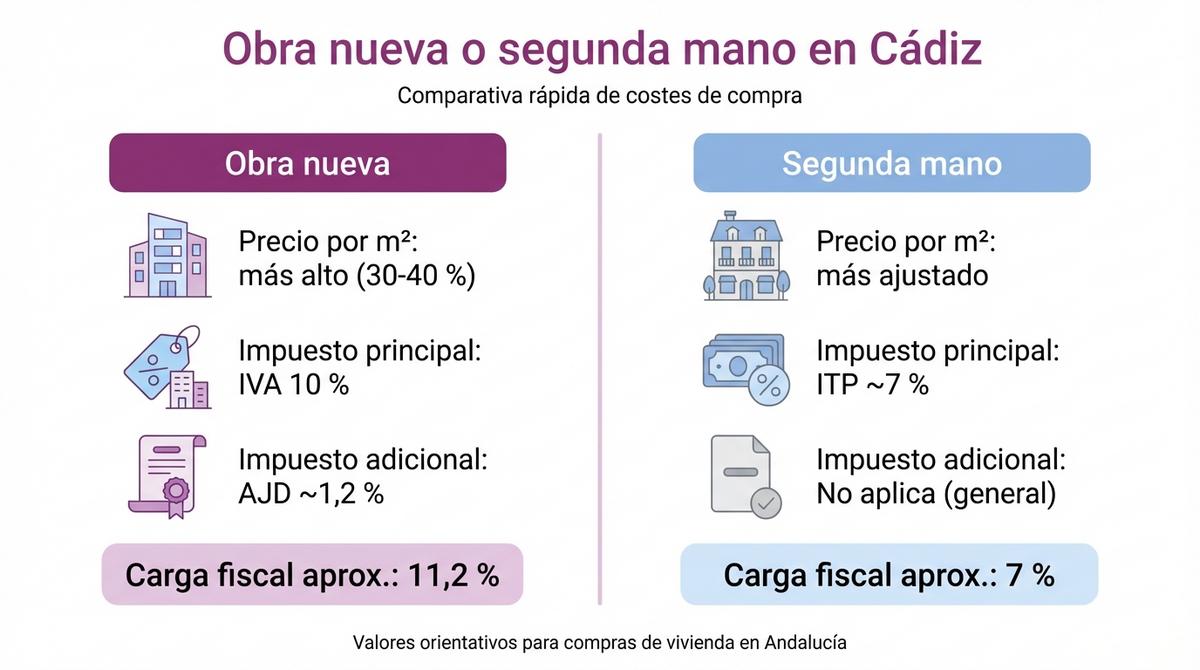 Infografía comparativa de costes e impuestos entre obra nueva y vivienda de segunda mano en Cádiz.