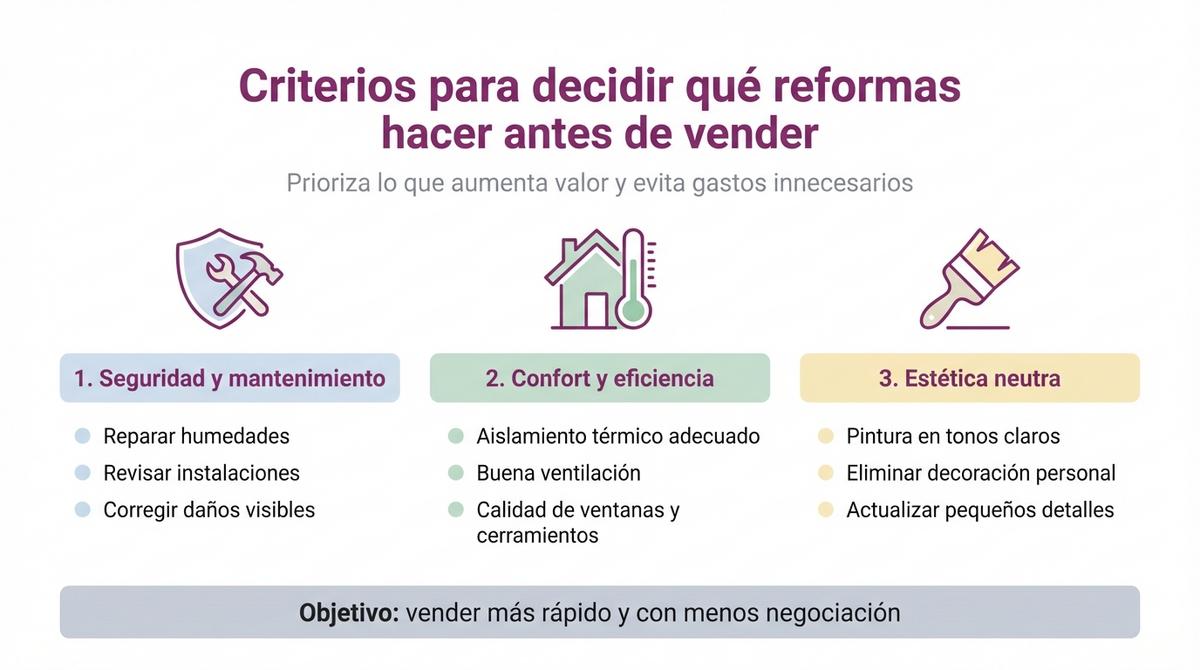 Infografía con criterios clave para priorizar reformas antes de vender una vivienda