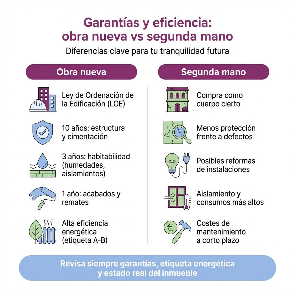 Infografía que compara las garantías legales y la eficiencia energética de la obra nueva frente a la vivienda de segunda mano.
