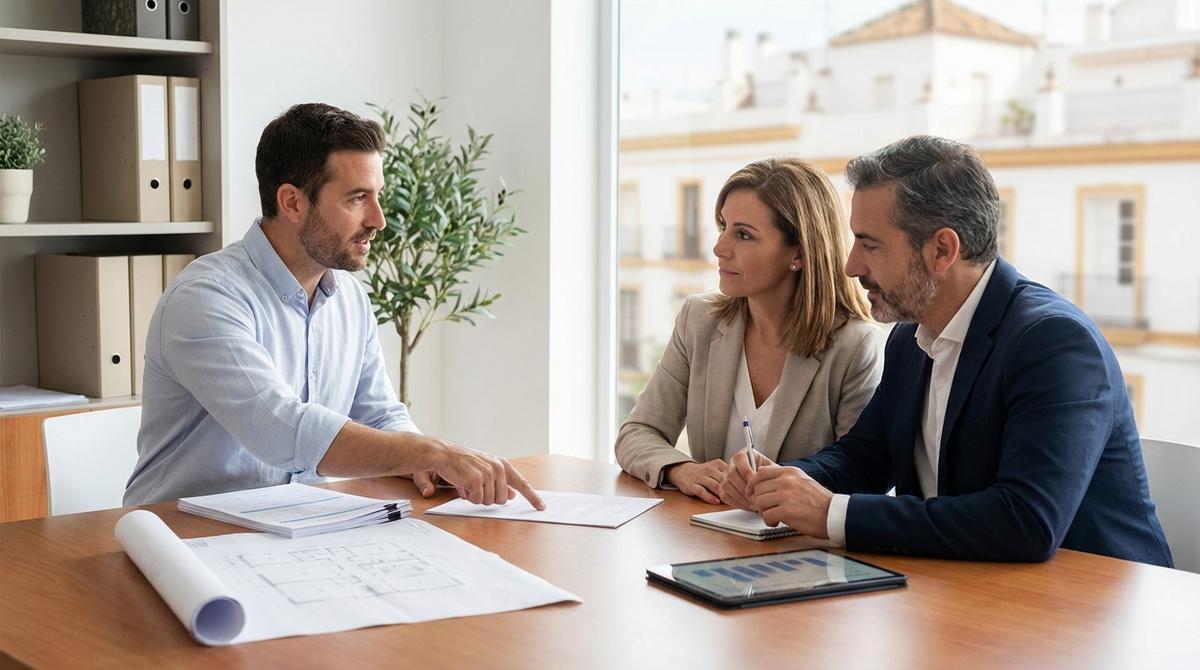 Agente inmobiliario asesorando a una pareja sobre la venta de una vivienda heredada en una oficina luminosa