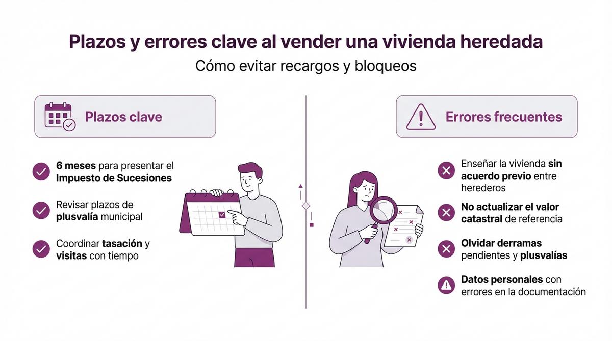 Diagrama con plazos clave y errores frecuentes al vender una vivienda heredada en Cádiz