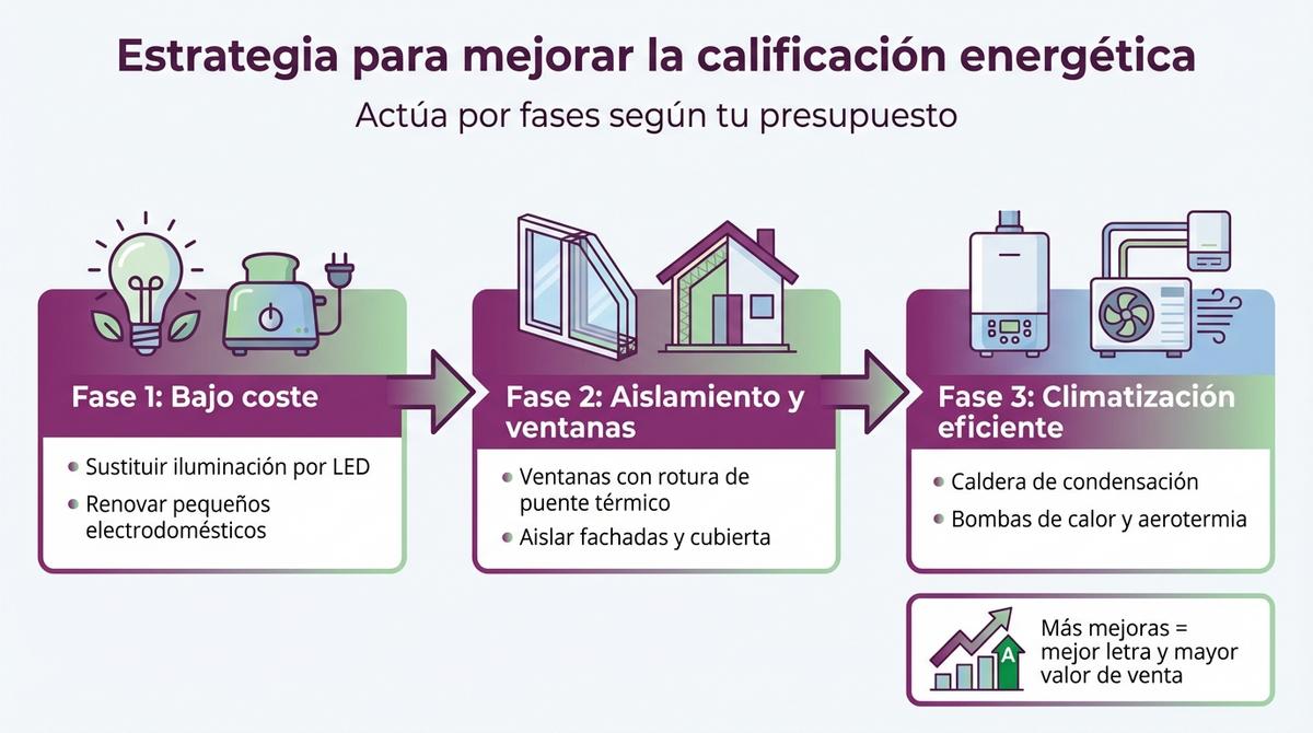 Diagrama de flujo con tres fases para mejorar la calificación energética de una vivienda mediante actuaciones progresivas.