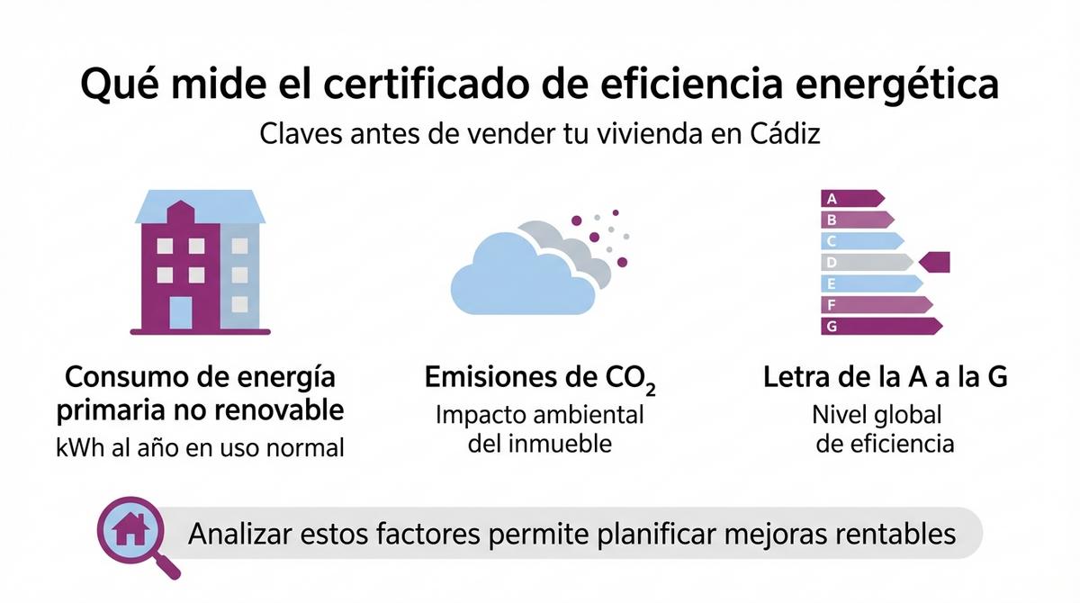 Infografía con los factores principales que evalúa el certificado de eficiencia energética en una vivienda.