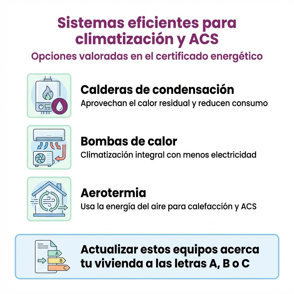 Infografía que compara de forma esquemática calderas de condensación, bombas de calor y aerotermia como sistemas eficientes.
