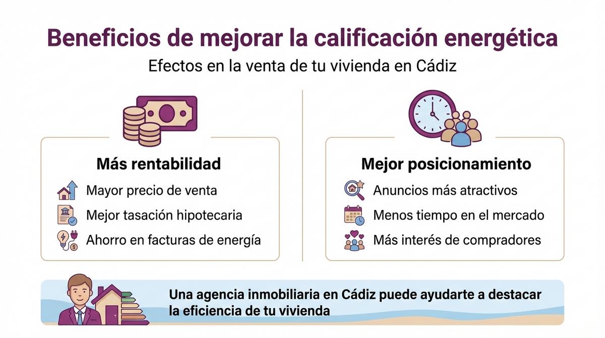 Infografía que resume los beneficios económicos y comerciales de mejorar la calificación energética antes de vender una vivienda.