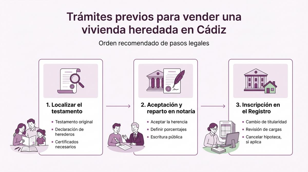 Infografía que resume los trámites previos para vender una vivienda heredada en Cádiz en tres pasos principales