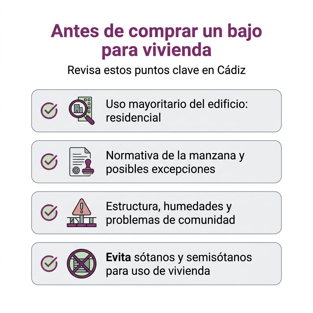 Diagrama con una lista de comprobaciones previas a comprar un bajo para convertirlo en vivienda en Cádiz