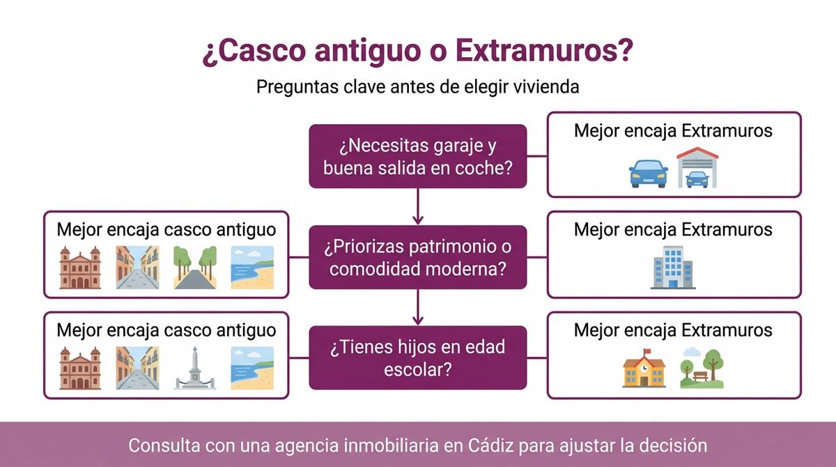 Diagrama de decisiones con preguntas clave para elegir entre vivir en el casco antiguo o en Extramuros de Cádiz.