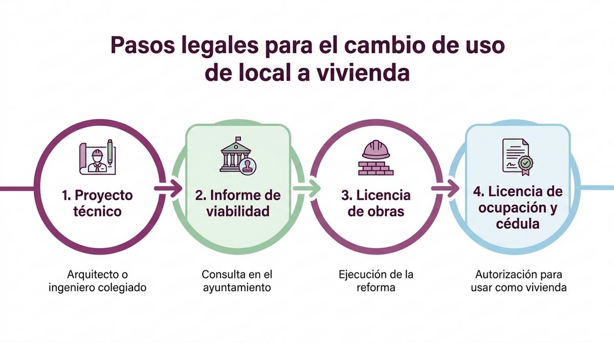 Diagrama de los pasos legales principales para tramitar el cambio de uso de local a vivienda en Cádiz