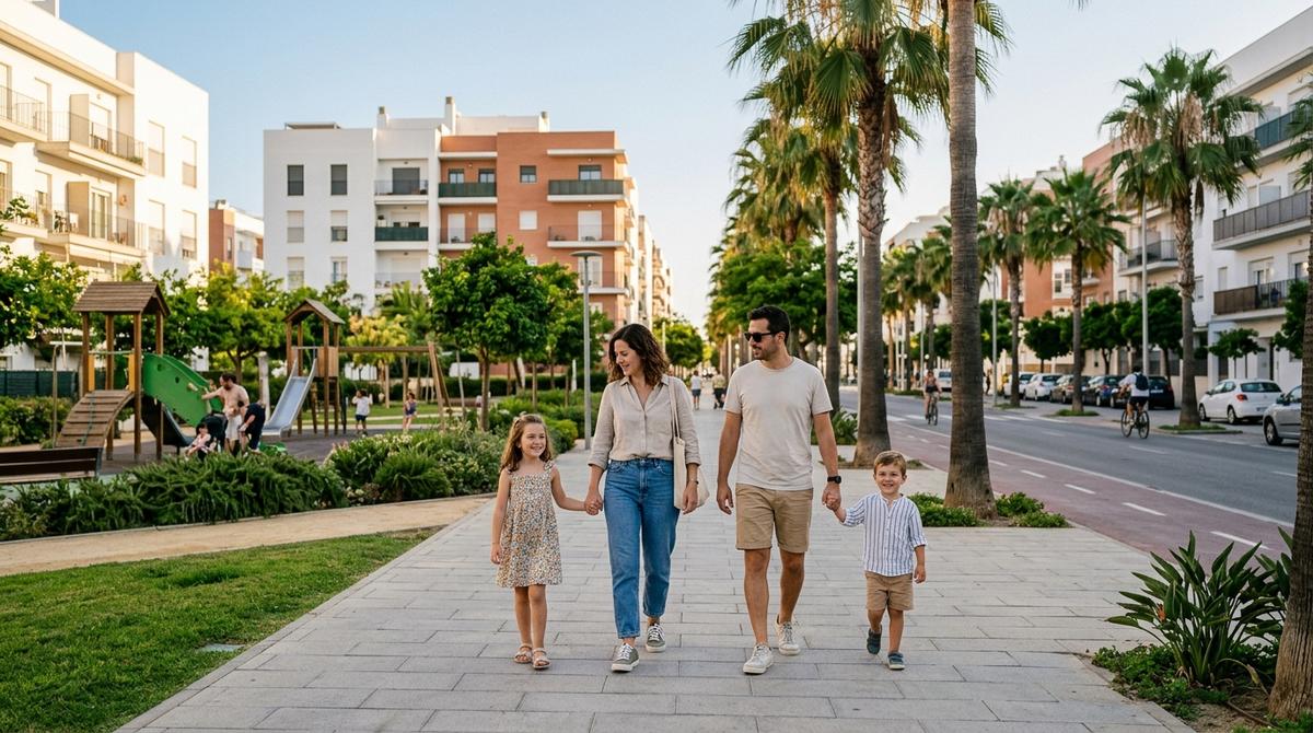 Familia paseando por una avenida amplia con edificios residenciales modernos y zonas verdes en Cádiz.