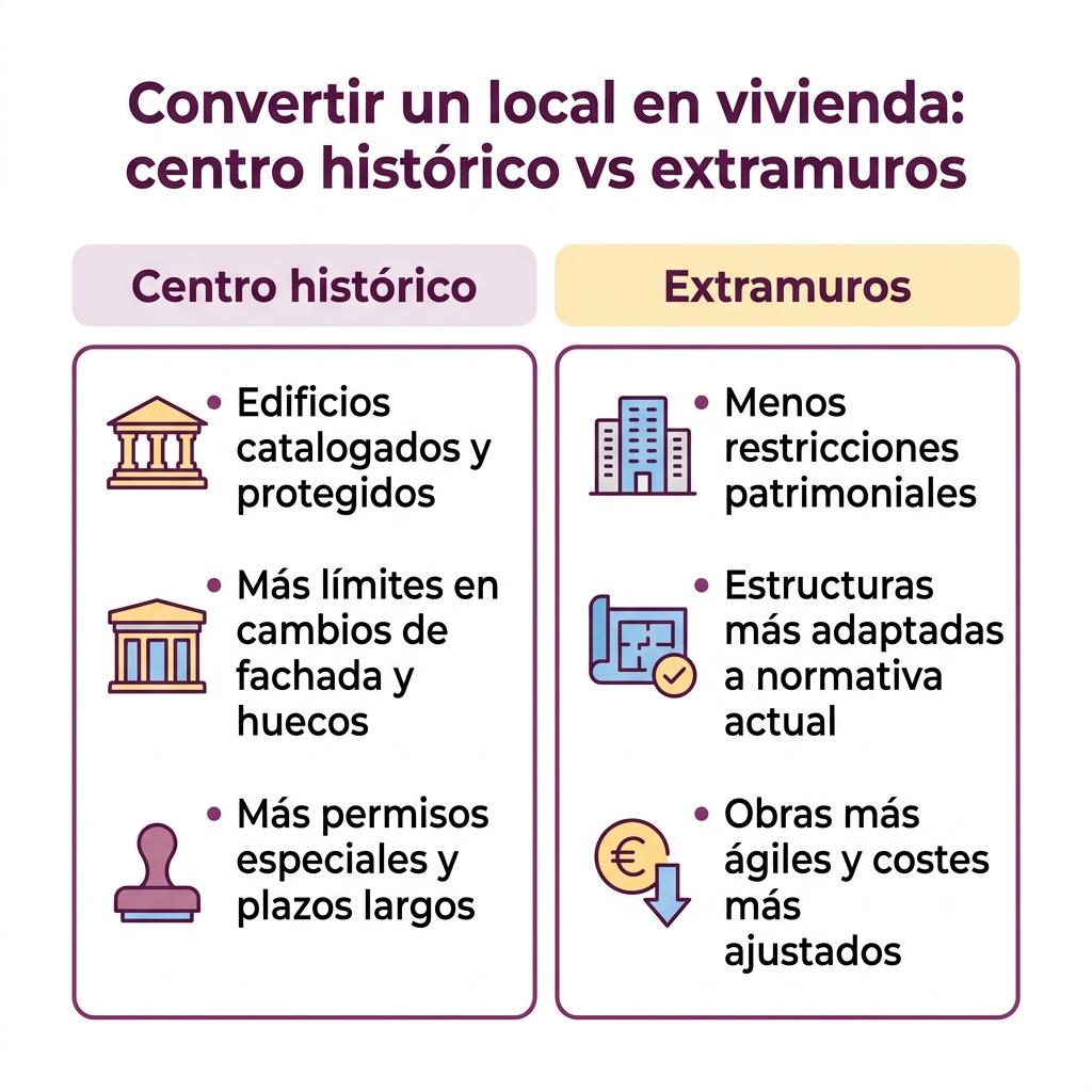Infografía comparativa entre cambiar un local a vivienda en el centro histórico de Cádiz y en las zonas de extramuros