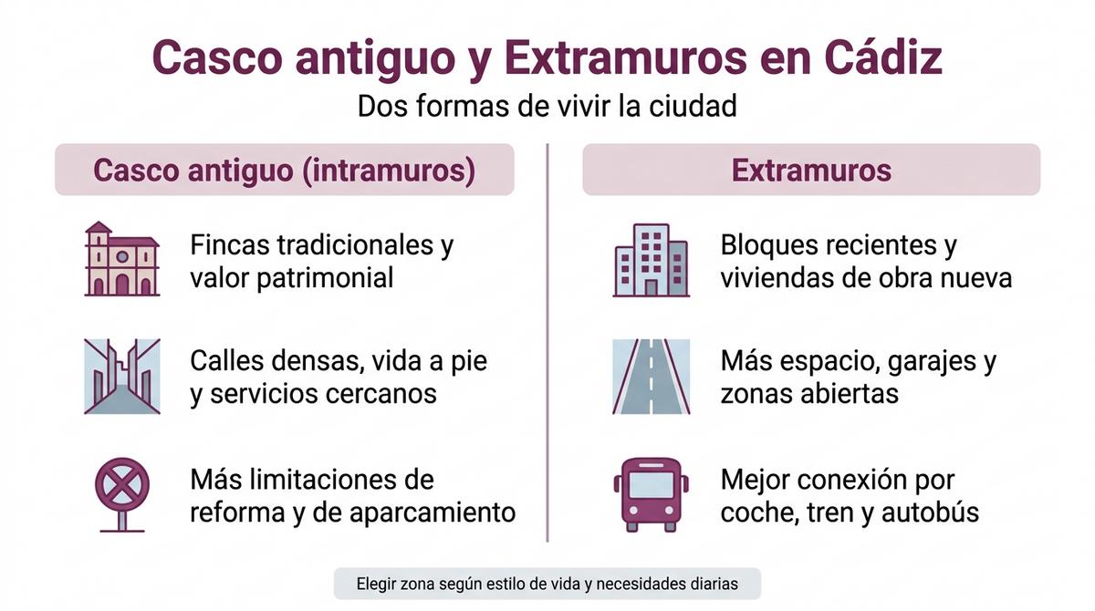 Infografía comparativa entre el casco antiguo y la zona de Extramuros de Cádiz con sus características principales.