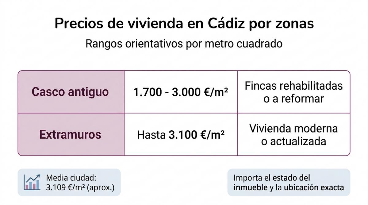 Infografía con tabla simplificada que compara los rangos de precios por metro cuadrado entre casco antiguo y Extramuros en Cádiz.