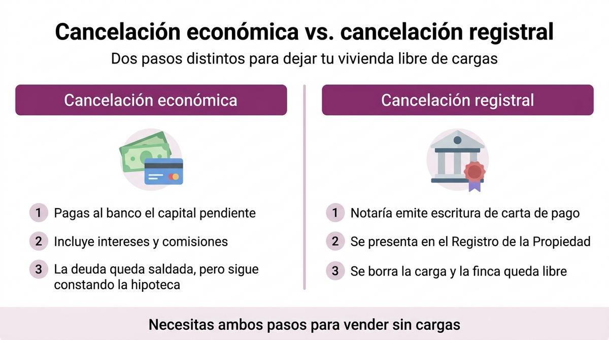 Diagrama comparativo entre cancelación económica y cancelación registral de una hipoteca.