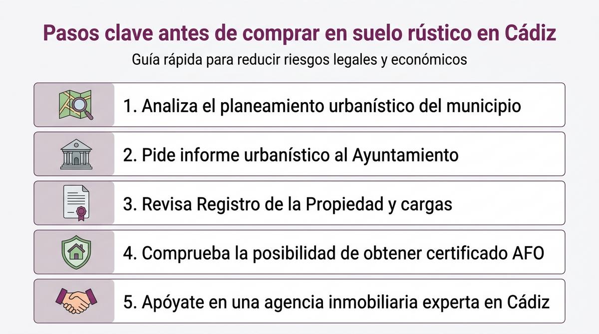 Infografía con los pasos clave para comprar con seguridad una casa de campo en suelo rústico en Cádiz.