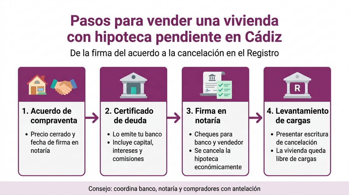 Infografía con los pasos principales para vender una vivienda con hipoteca pendiente en Cádiz.