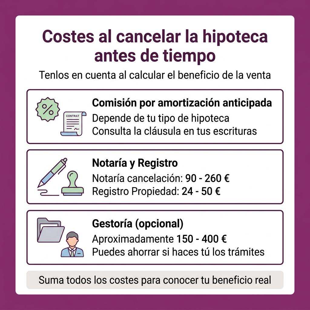 Infografía con los principales gastos y comisiones al cancelar una hipoteca antes del plazo.