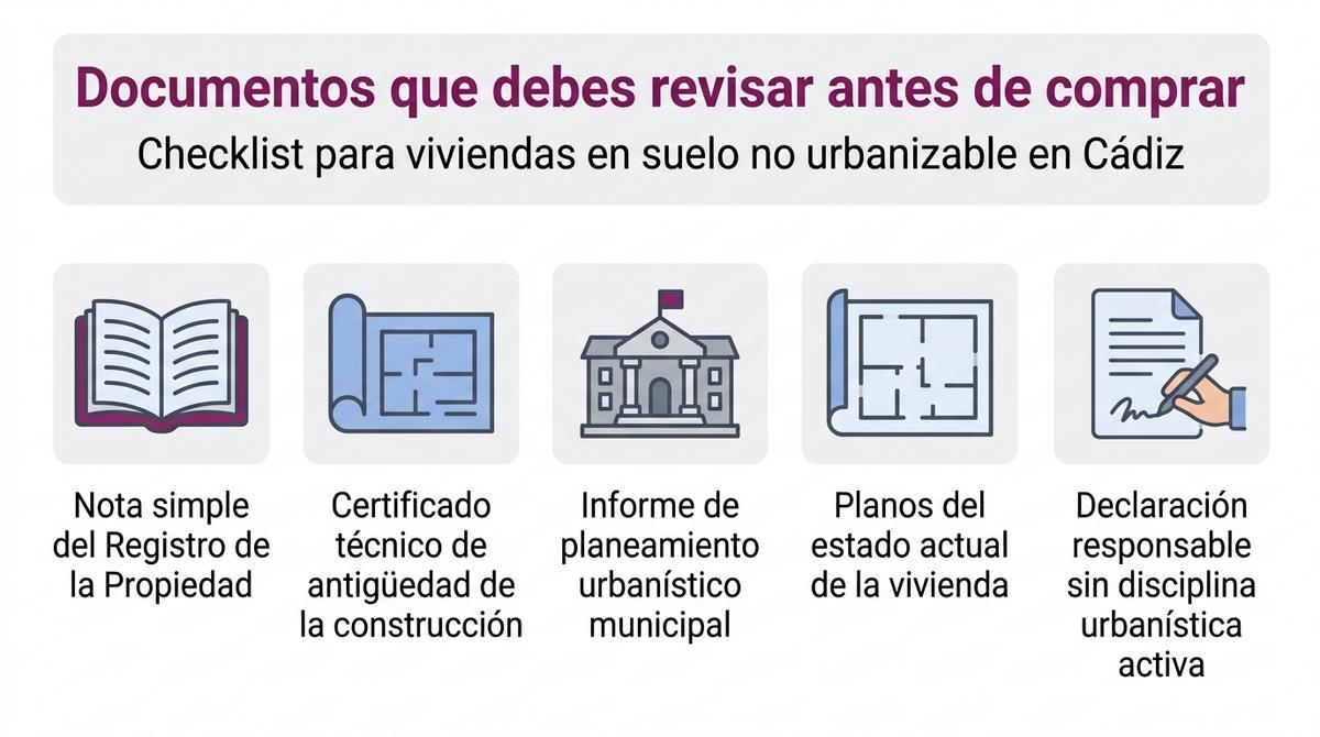Infografía que resume los documentos necesarios para revisar antes de comprar una vivienda en suelo rústico en Cádiz.