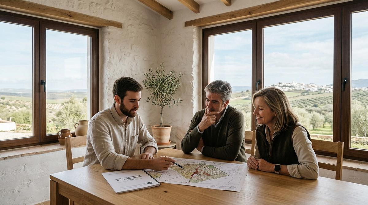 Técnico mostrando planos a una pareja en el interior de una casa de campo luminosa en un entorno rural.