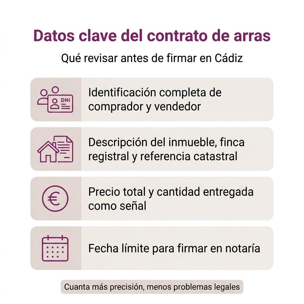 Diagrama con los datos clave que debe incluir un contrato de arras en Cádiz.