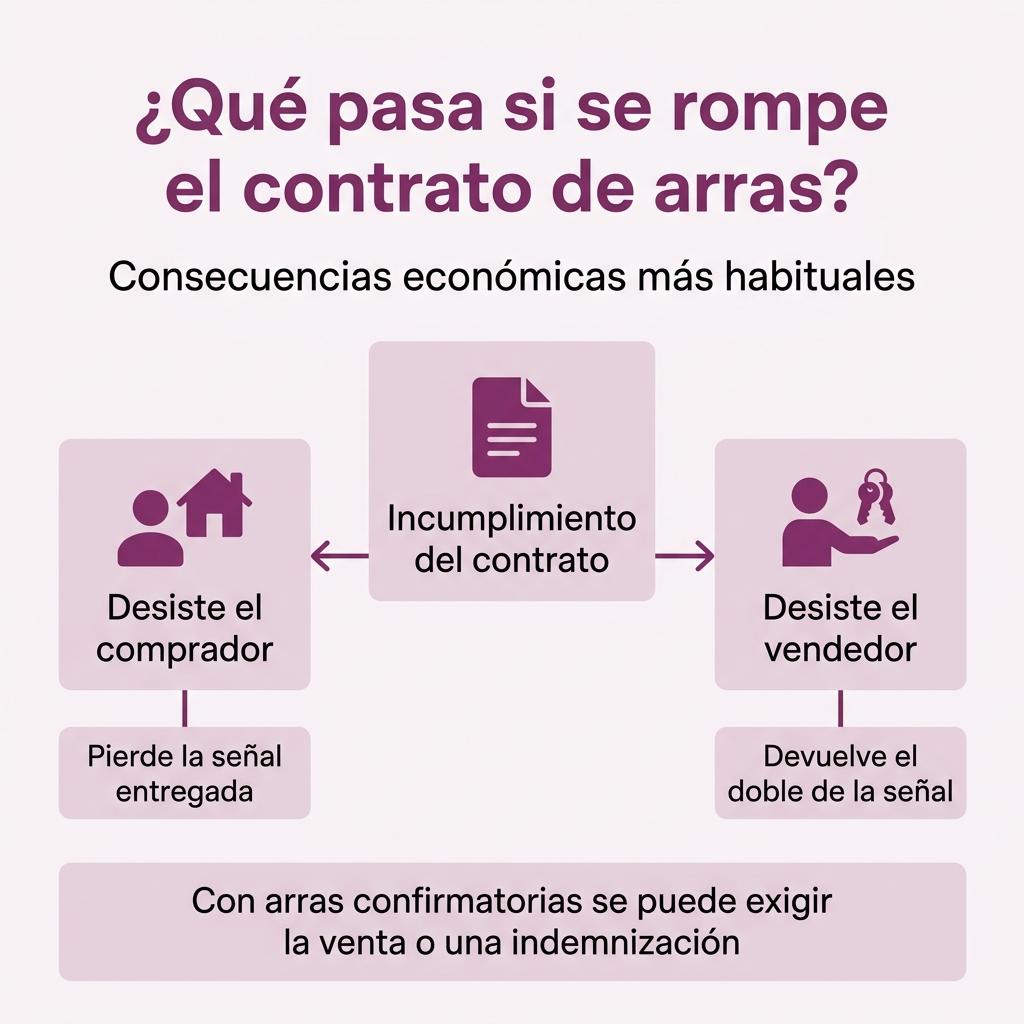 Diagrama de flujo que explica las consecuencias si comprador o vendedor incumplen un contrato de arras.