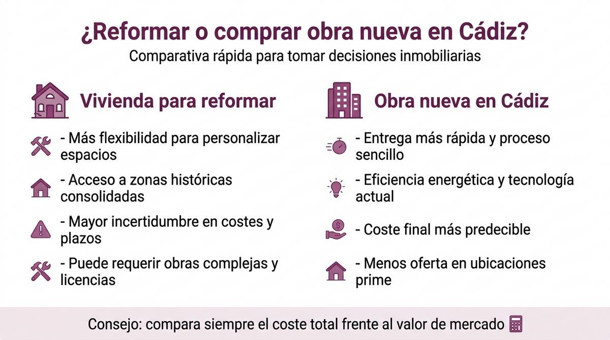 Infografía comparativa entre comprar una vivienda para reformar y adquirir obra nueva en Cádiz
