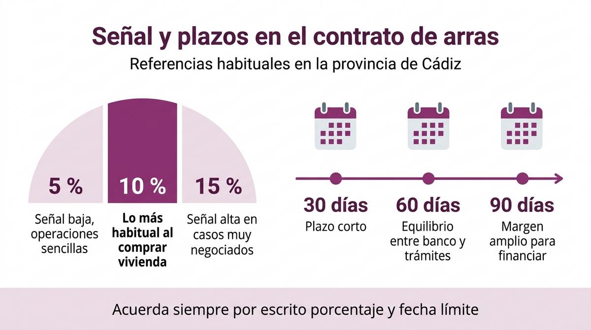 Infografía con rangos habituales de porcentaje de señal y plazos del contrato de arras en Cádiz.
